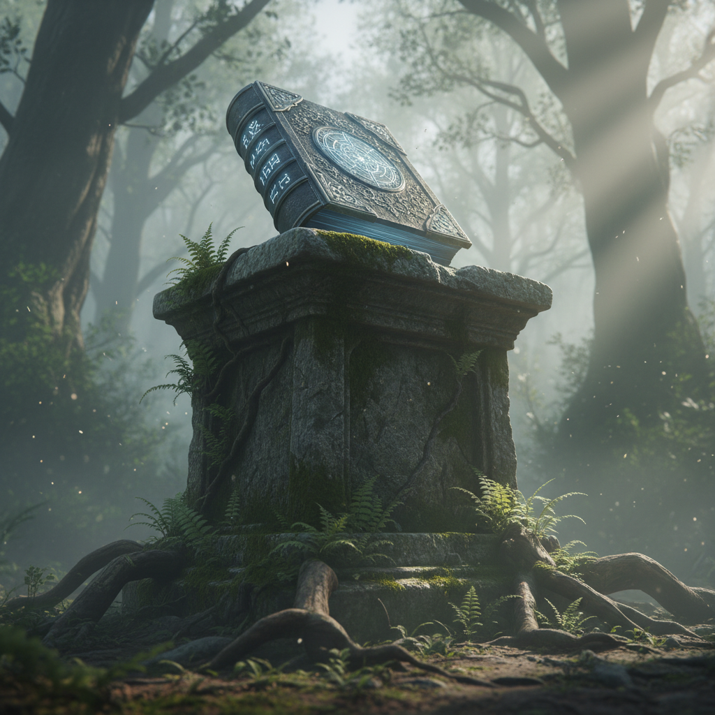 An ancient stone book pedestal emerges from a mist-covered forest clearing, supporting a massive tome whose cover glows faintly with intricate runes. Moss and delicate ferns cling to the pedestal’s weathered surface, while twisted roots frame the scene. Early morning light filters through towering trees, sending soft, diffused rays that illuminate drifting particles of mist and pick out the book’s embossed metallic details. Shot in photographic realism from a slightly low angle, with the pedestal in sharp focus and the forest fading into a gentle bokeh. The atmosphere is mysterious yet serene, suggesting hidden truths and timeless legends waiting to be read.