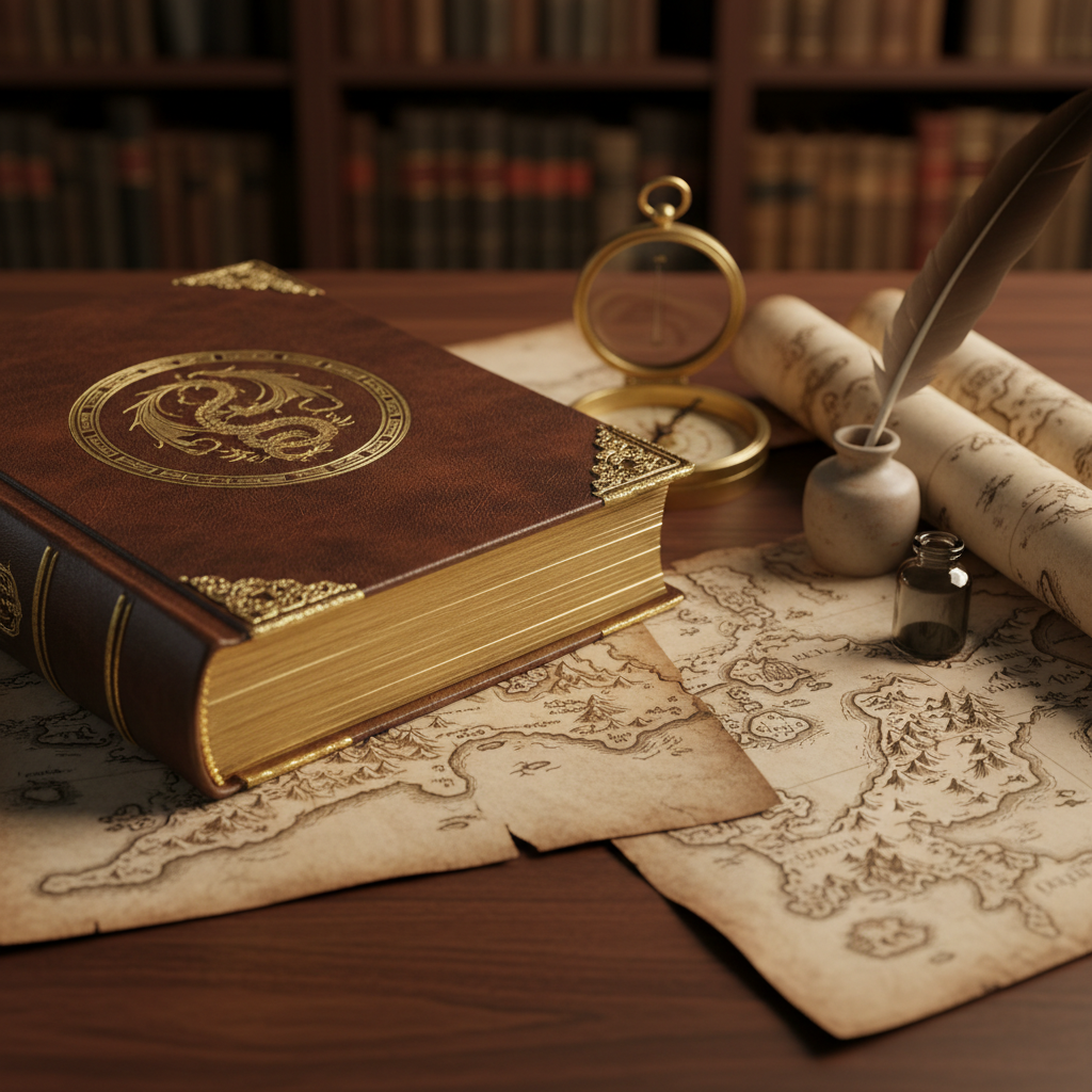 A leather-bound fantasy novel with intricate gold-foil embossing of a dragon-entwined sigil on the cover rests open on a dark walnut desk. Around it lie scattered parchment maps of unknown realms, an antique brass compass, and a feather quill poised in an inkwell. Soft, warm lamplight from an unseen desk lamp pools onto the pages, creating rich highlights on the gilt edges and gentle shadows in the map creases. The background falls into a subtle, velvety blur of filled bookshelves. Photographic realism, eye-level composition with shallow depth of field, evoking a sophisticated, contemplative mood of exploration and literary wonder.